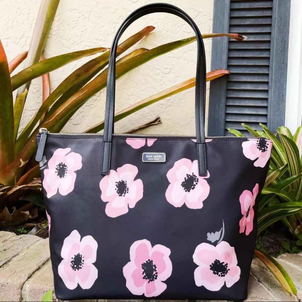 Kate Spade Hayden Floating Poppies Top Zip Nylon Tote Black Pink Floral Rose - Picture 2 of 6